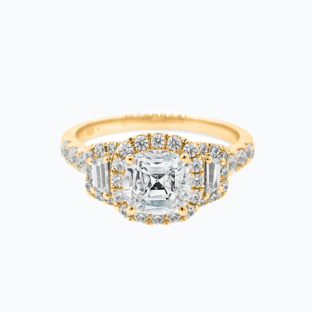 Maly Cushion Halo Three Stone Pave Diamonds Ring 18K Yellow Gold