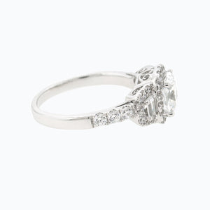 
          
          Load image into Gallery viewer, 3.30ct Maly Moissanite Cushion Halo Three Stone Pave Diamonds 18k White Gold Ring
          
          