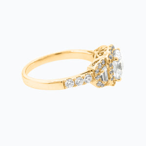 
          
          Load image into Gallery viewer, Maly Cushion Halo Three Stone Pave Diamonds Ring 14K Yellow Gold
          
          