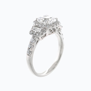
          
          Load image into Gallery viewer, 1.00ct Maly Lab Created Diamond Cushion Halo Three Stone Pave Diamonds 18k White Gold Ring
          
          