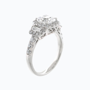 
          
          Load image into Gallery viewer, 1.10ct Maly Moissanite Cushion Halo Three Stone Pave Diamonds 18k White Gold Ring
          
          