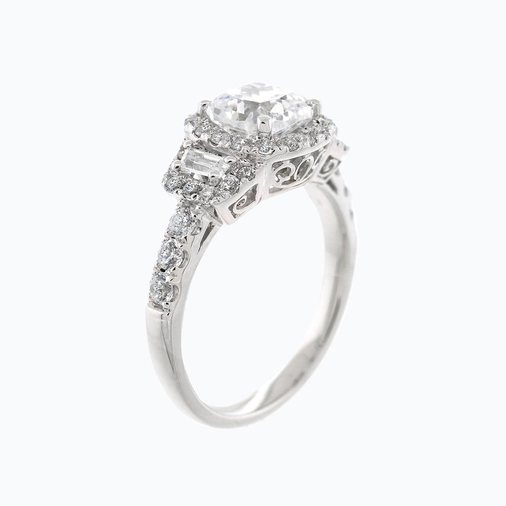 
          
          Load image into Gallery viewer, 1.30ct Maly Moissanite Cushion Halo Three Stone Pave Diamonds 18k White Gold Ring
          
          
