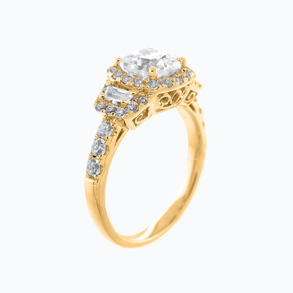 
          
          Load image into Gallery viewer, Maly Moissanite Cushion Halo Three Stone Pave Diamonds Yellow Gold Ring
          
          