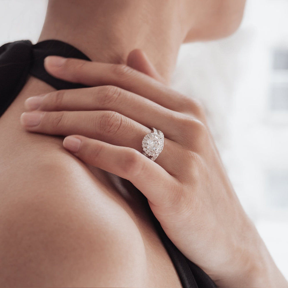 
          
          Load image into Gallery viewer, Ellen Moissanite Round Halo Pave Diamonds Platinum Ring
          
          