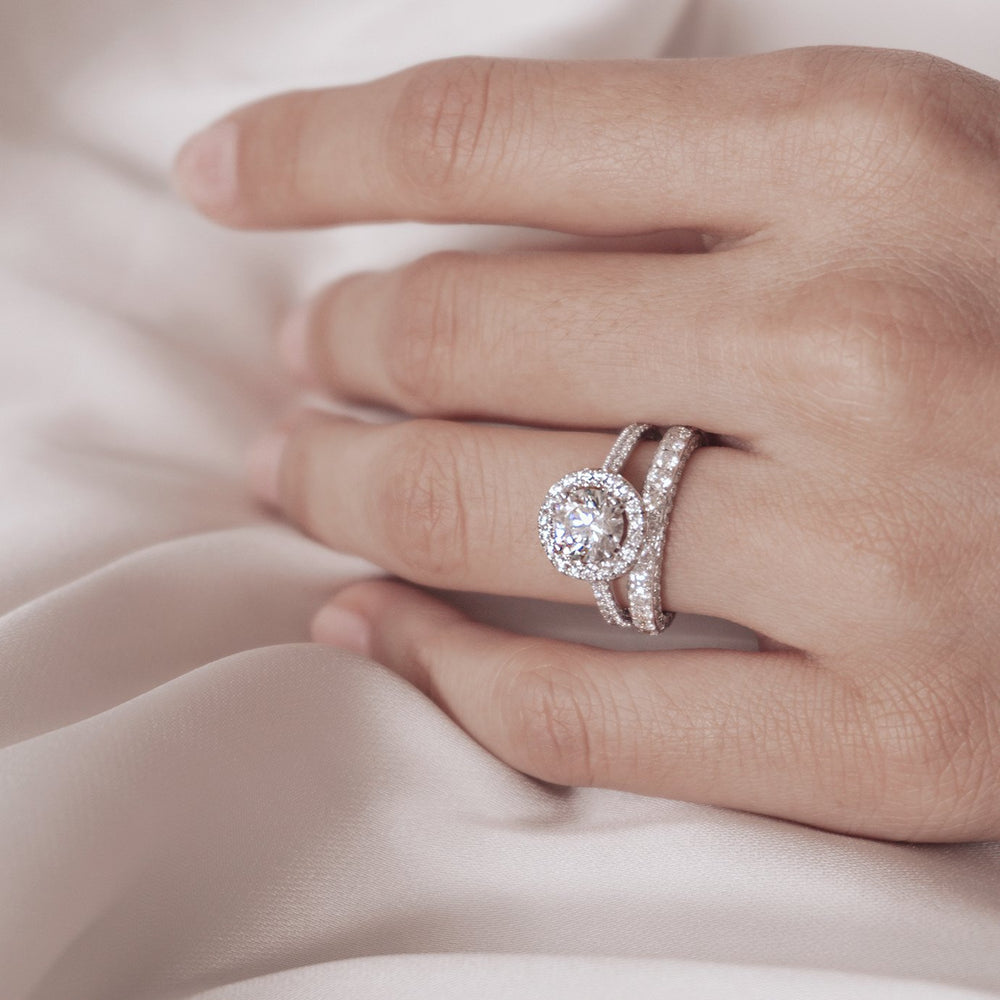 
          
          Load image into Gallery viewer, Nevan Moissanite Round Halo Pave Diamonds White Gold Ring
          
          