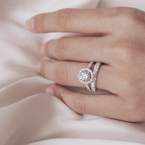 
          
          Load image into Gallery viewer, 1.20ct Nevan Moissanite Round Halo Pave Diamonds 18k White Gold Ring
          
          
