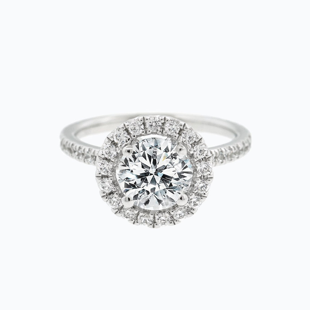 Tiara Moissanite Round Halo Pave Diamonds 18k White Gold Ring In Stock