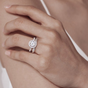 
          
          Load image into Gallery viewer, 1.00ct Tiara Moissanite Round Halo Pave Diamonds 18k White Gold Ring
          
          