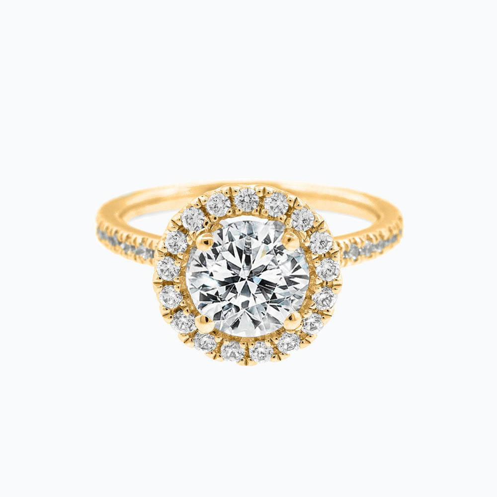 Tiara Moissanite Round Halo Pave Diamonds Yellow Gold Ring