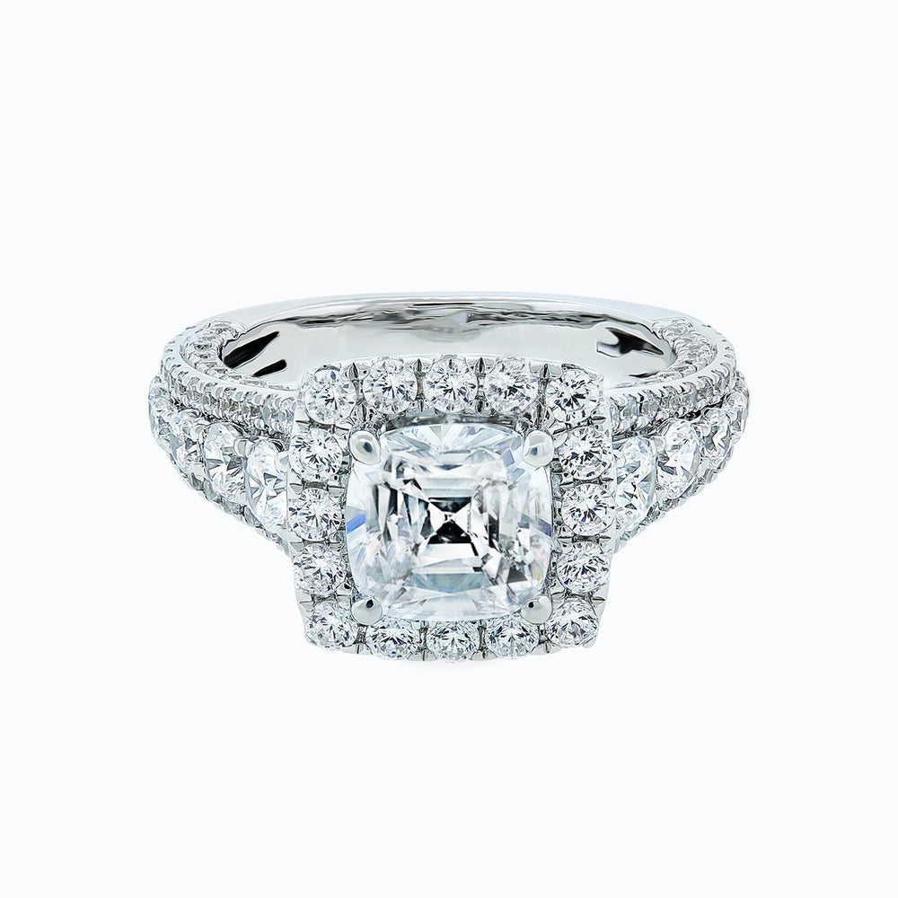 Elda Cushion Halo Pave Diamonds 18k White Gold Semi Mount Engagement Ring