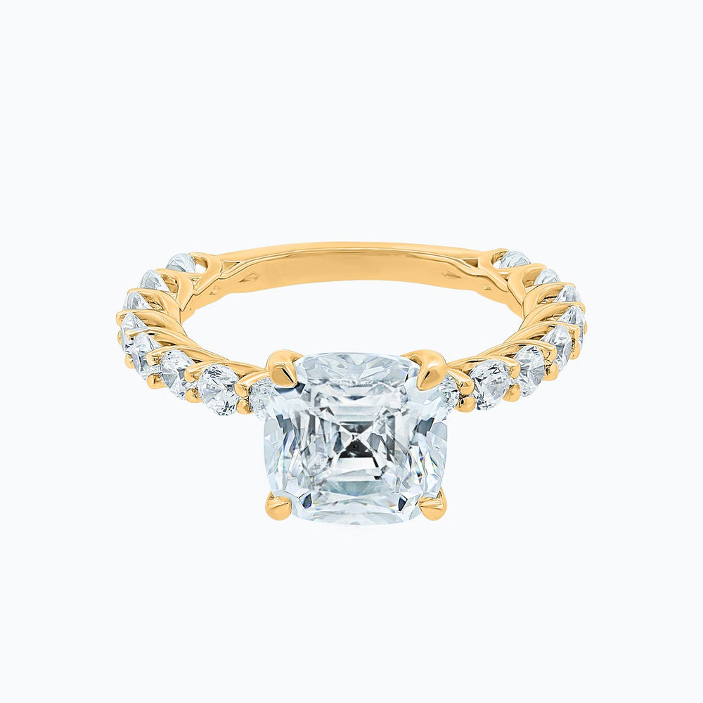 Angel Moissanite Cushion Pave Diamonds Yellow Gold Ring