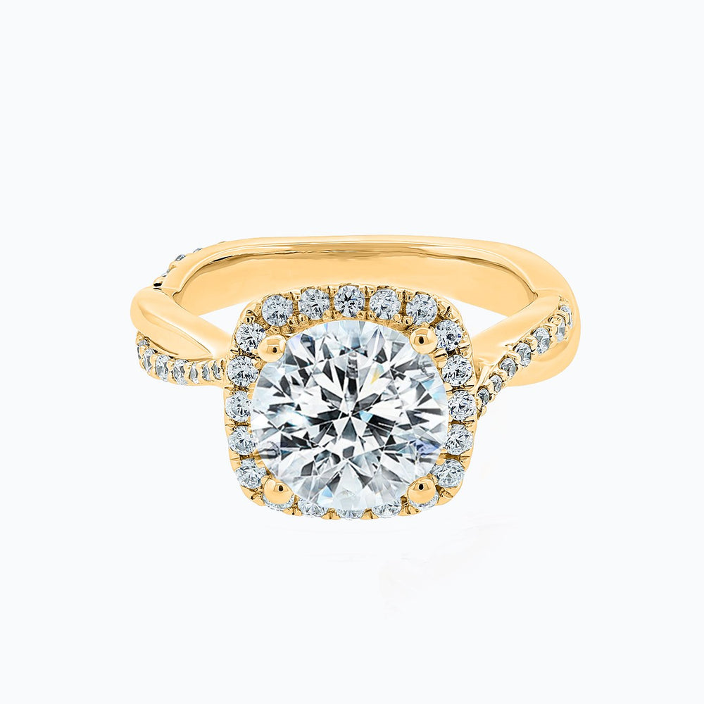 Teana Moissanite Round Halo Pave Diamonds Yellow Gold Ring