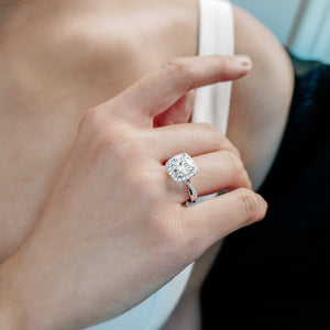 
          
          Load image into Gallery viewer, Teana Moissanite Round Halo Pave Diamonds White Gold Ring
          
          