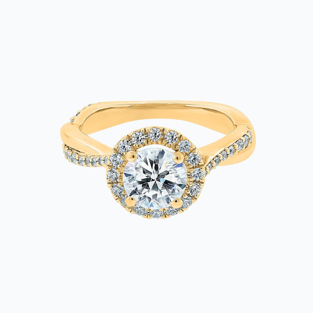 Troy Moissanite Round Halo Pave Diamonds Yellow Gold Ring