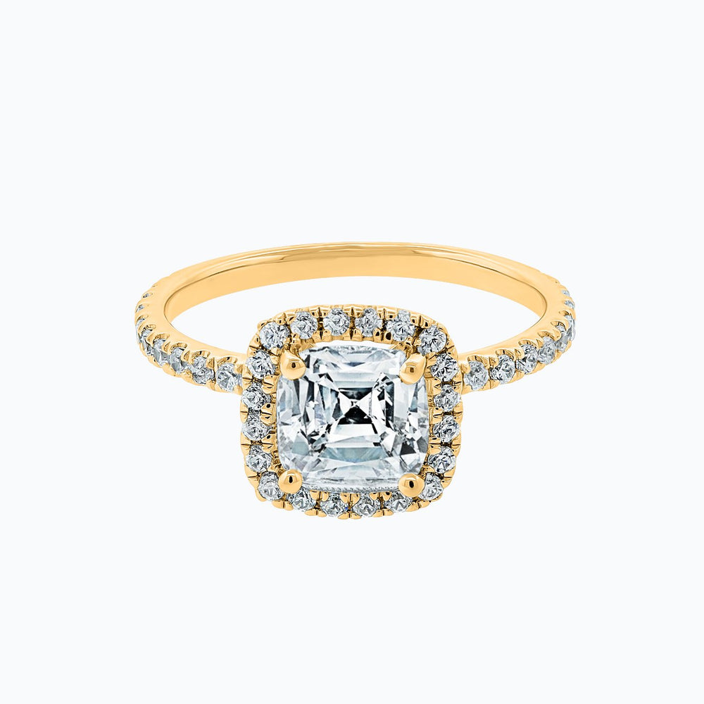 Novella Moissanite Cushion Halo Pave Diamonds Yellow Gold Ring